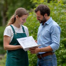 A gardener discussing plans with a client in a backyard.