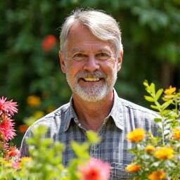 A client smiling in their newly completed lush garden.