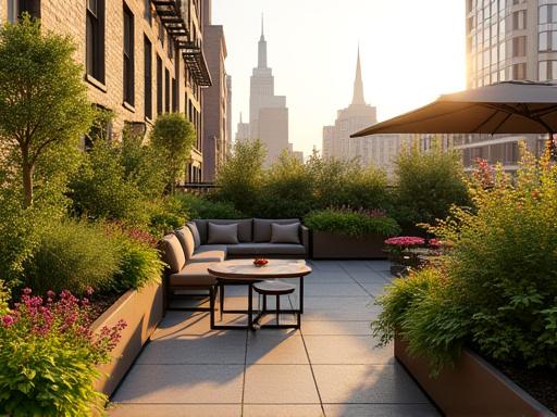 The same Brooklyn rooftop, now a lush garden with planters and seating.