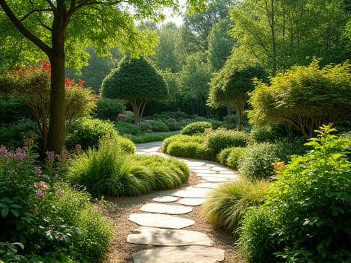 The suburban backyard transformed into a diverse forest garden with pathways and edible plants.
