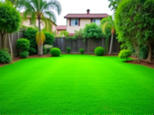 A plain, manicured green lawn in a suburban backyard.